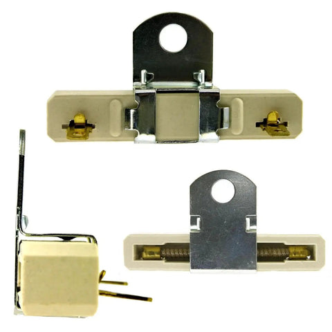 Front view of ACDelco F1104 ignition coil resistor, beige plastic block with metal mounting bracket and terminals.