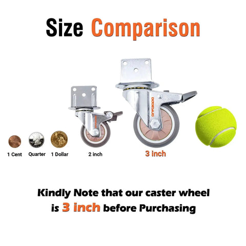 3 Inch Heavy Duty L Shape Side Mount Caster Wheels With Brake size comparison with coins and tennis ball