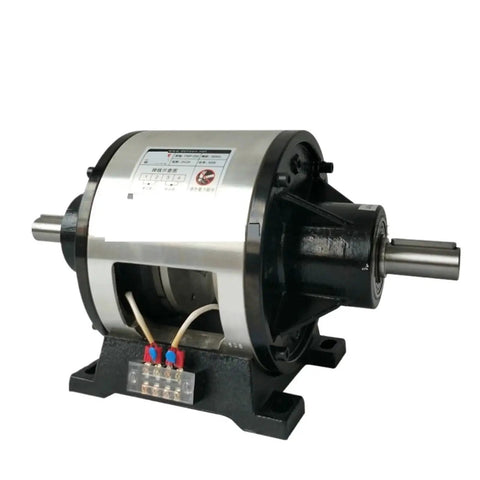 Magnetic powder brake and clutch assembly FMP-050, double-shaft, stainless steel housing with base.