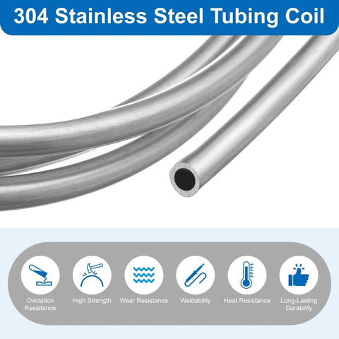 Close-up of 304 stainless steel tubing coil showing one quarter inch outer diameter and ten feet length, silver tone.