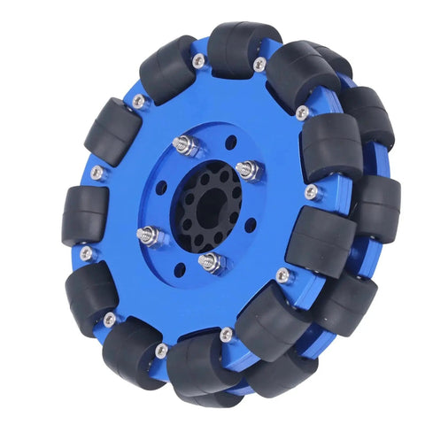 Blue 5 Inch Omni Wheel With Aluminum Alloy Hub for DIY Robots, 127mm metal roller, omnidirectional movement, side view