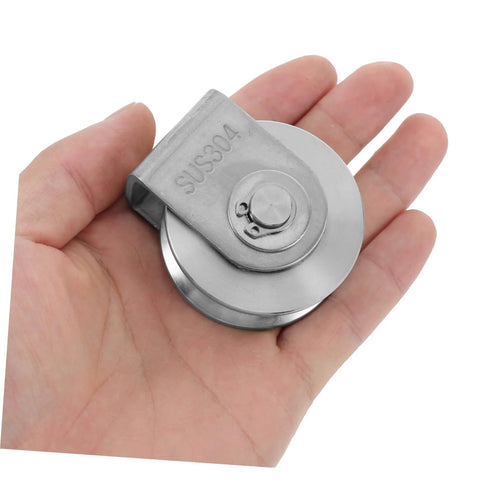 Hand holding Stainless Steel Bearing Pulleys For Sliding Doors Set Of Two Heavy Duty Wire Rope Wheels Industrial Track Rollers