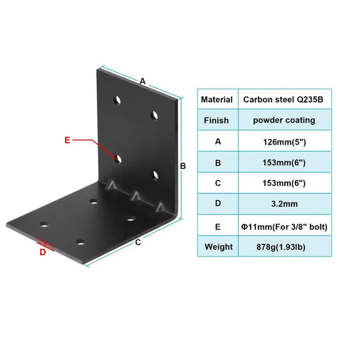 Four Pack Heavy Duty Black Steel L Reinforced Angle Brackets For Wood, 0.125 Inch Thick, 11 mm Holes For Three Eighth Inch Bolts