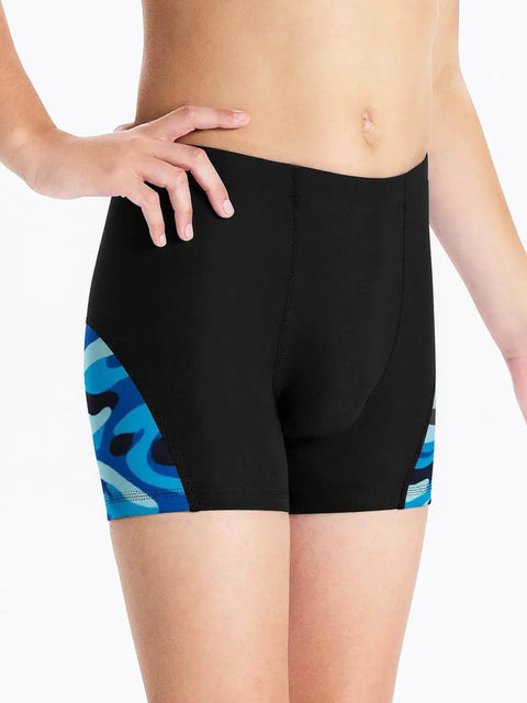 Youth Boys Swim Shorts Square Leg Quick Dry Nylon Swimsuit With UPF 50 Plus Sun Protection in Black and Wave