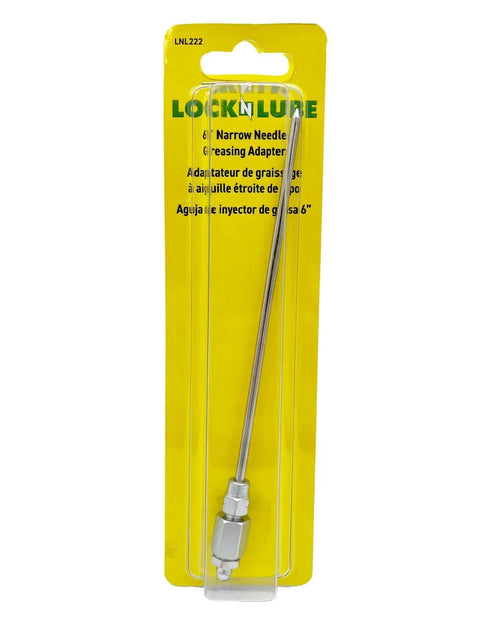 Narrow Needle Greasing Adapter XL For Hand Operated Grease Guns By LockNLube, packaged, shown in yellow and clear blister packaging