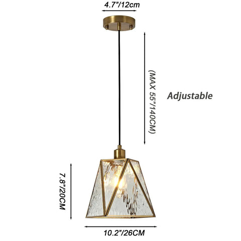 Copper Brass Pendant Light With Water Ripple Glass Lampshade, 10.2 Inch Geometric Pendant Lighting, adjustable hanging fixture