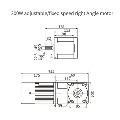 Technical diagram of 200W 110V AC Gear Motor With 36Nm Reduction Gearbox, Governor And Reversing Function, highlighting dimensions of right-angle shaft.