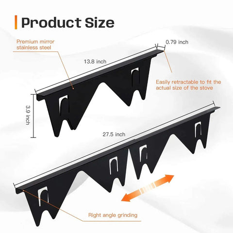 Diagram showing Stove Gap Covers 13.8 To 27.5 Inch Adjustable Black 2 Pack Gap Filler Guards with dimensions and features.