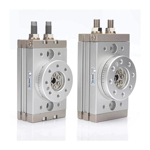 Two MSQB Series rotary pneumatic cylinders with 0-180° swing, silver aluminum bodies and top fittings.