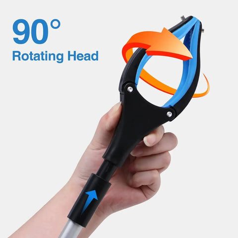Hand using 2 Pack Grabber Reacher Tool Set Featuring 32 Inch Extra Long Steel Foldable Pick Up Stick With Strong Magnetic Grip 90 Degree Rotating Anti Slip Jaw Trash Claw Hand Grabber For Reaching And Arm Extension Lightweight And Durable, showcasing 90° rotating head.