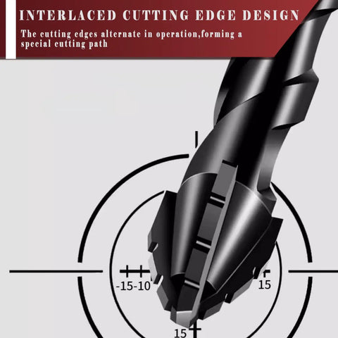 Close-up of a serrated edge from the 10 Piece Black Upgraded 4 Flute Serrated Carbide Masonry Drill Bit Set For Concrete Brick Tile Marble Wood Glass Plastic Cement Three Sixteenths To One Half Inch Range With Serrated Design For Fast Drilling Pro Grade Heavy Duty, showcasing the interlaced cutting edge design.