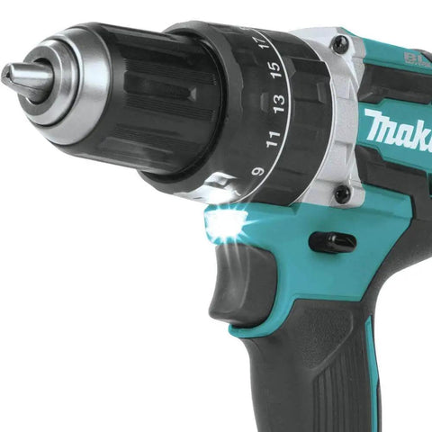 Close-up of XT269M 18V LXT Brushless Cordless Drill showing LED light and 1/2 inch chuck with adjustable torque settings.