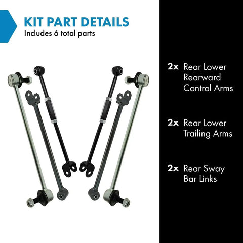 TRQ rear suspension kit for 06–12 Toyota; 6 parts: 2 rear lower arms, 2 rear trailing arms, 2 rear sway bar links.