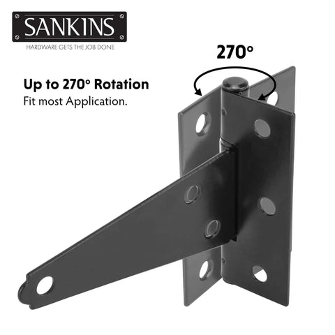 Heavy Duty 4 Inch T Strap Shed Door Hinges Black Powder Coated Outdoor Gate Hinges showing 270 degree rotation capability