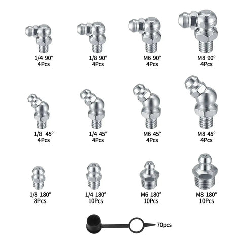 Pro Grade 140 Piece Grease Fittings Kit Featuring 1/4 Inch And 1/8 Inch Zerk Fittings Plus M6 And M8 Sizes displayed in various angles.