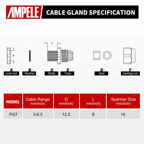 Diagram showing 20 Pack PG7 Waterproof Nylon Cable Glands Set Adjustable 3.5-6mm Joints With Gaskets All Weather IP68 Rated