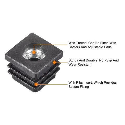4 Pieces M8 Threaded Tube Inserts For 0.79 By 0.79 Inch Square Tubes Black Plastic End Caps Chair Leg Plugs For Furniture Feet Includes 4 Press Fit Inserts With Inner Height 14mm And Overall Height 18mm And M8x1.25 Thread, view shows close-up with threaded hole, ribs for secure fit, durable black plastic.