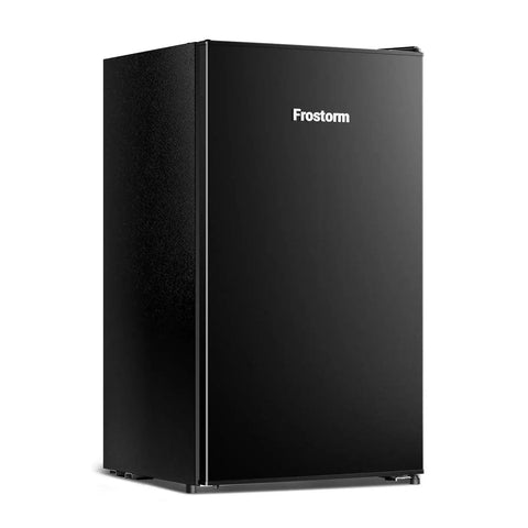 Front view of a black 3.2 Cu Ft Mini Fridge With Freezer And Reversible Door For Dorm Energy Efficient.