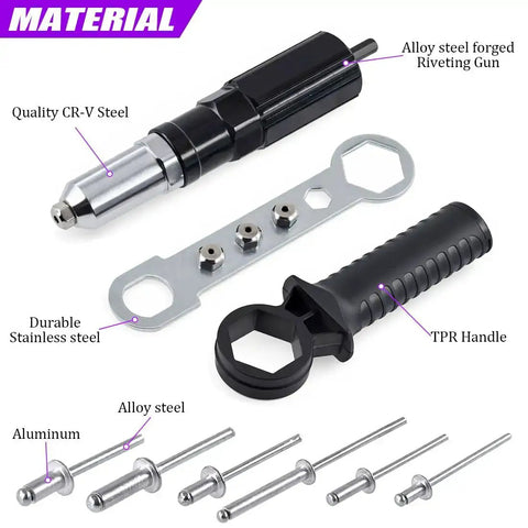 211Pcs Black Alloy Steel Electric Rivet Gun Adapter Kit With 2.4mm 3.2mm 4.0mm 4.8mm Rivet Heads Includes Handle Wrench And 500Pcs Aluminum Blind Rivet Kit For Quick Strong Fastening showing components