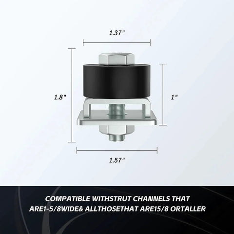 Front view of Patented Trolley Roller Limit, dimensions marked, for 1-5/8 inch Unistrut strut channels, pack of four, enhancing safety and alignment.