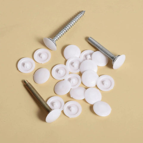 150 Pieces White Waterproof Self Tapping Screw Cap Covers, 12mm Diameter For 7-8mm Screws displayed with screws on a surface