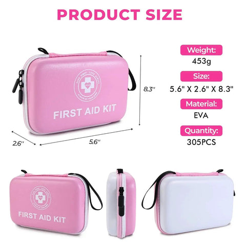 Grab And Go 305 Piece First Aid Kit With Dual Color Hard Shell And Fluorescent Interior For Home Car Travel Hiking Outdoor Use Pink White Compact Emergency Prep Kit showing dimensions and weight