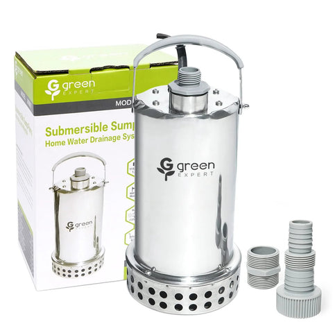 Green Expert submersible sump pump with stainless steel body, 1HP, 4000GPH, plus grey hose adapters beside the box.