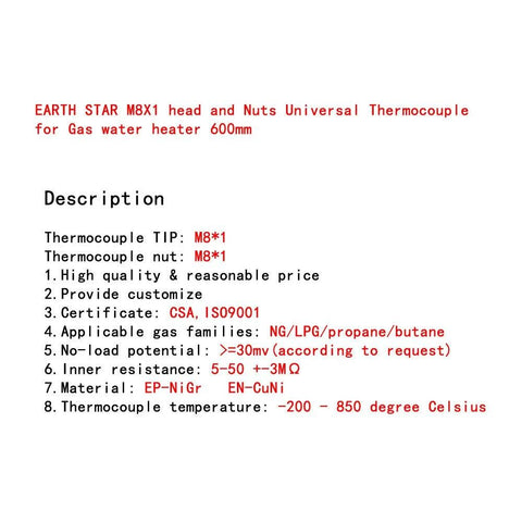 Earth Star M8x1 thermocouple head and nuts for universal gas water heater, 600mm length