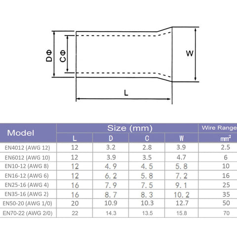 Diagram of wire ferrule dimensions and table with size specifications for 50 Pieces AWG 1/0 Wire Ferrules Kit With Tinned Copper Crimp Connectors Pro Grade Non Insulated End Terminals For Electric Cables And Automotive Wiring Projects, Durable Anti Oxidation Finish, High Conductivity, Low Resistance, Easy Crimping.