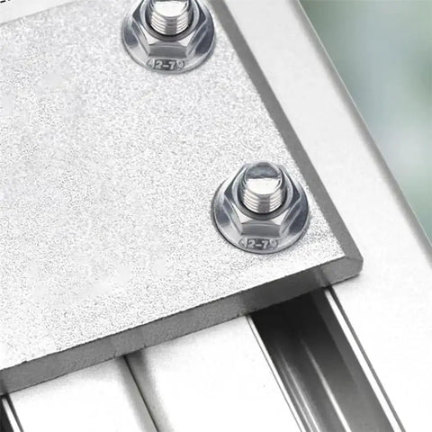 Close-up of M8x20mm T Slot Drop In Bolt Set With Hammer Head Screws and Flange Nuts installed on aluminum extrusion profile