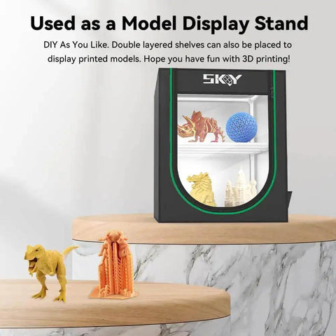 Two Tier Filament Storage Rack With Cloth Cover For 3D Printers displayed with 3D printed models inside, black