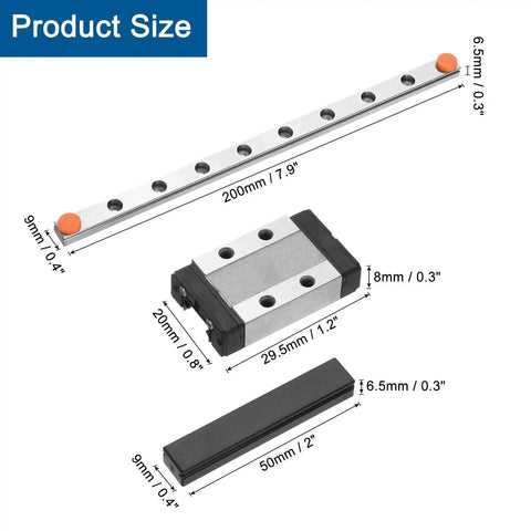Image of 200mm Linear Guide Rail Kit With MGN9C Carriage Block And Mini MGN12 Guide for DIY 3D printers, showing dimensions.