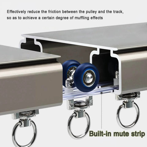 Durable aluminum ceiling curtain track system with close-up of silent blue pulley, showing built-in mute strip for smooth sliding.