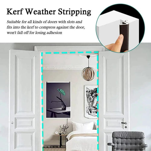 Kerf Door Weather Stripping Seal 26 Ft Foam Weatherstrip With Slot Card Slot Installation on door frame, reducing drafts.