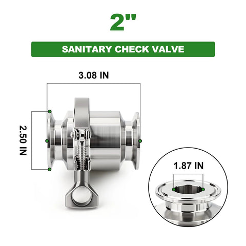 2-inch sanitary check valve, 304 stainless steel, tri-clamp ends, side view