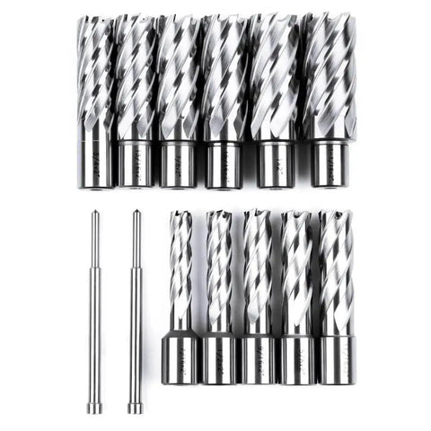 Heavy Duty Annular Cutter Set For Magnetic Drill Press With Two Inch Cutting Depth And Diameters From Seven Sixteenth To One And One Sixteenth Inches, Three Quarter Inch Weldon Shank, Includes Two Pilot Pins Oscarbide Thirteen Piece Kit