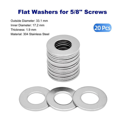 Flat washers 5/8 in ID x 1-5/16 in OD, 304 stainless steel, 20 pcs