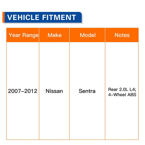 Vehicle fitment chart: 2007-2012 Nissan Sentra, Rear 2.0L L4, 4-Wheel ABS, for Rear Wheel Hub And Bearing Assembly Fits 2007 To 2012 Nissan Sentra 2.0L L4 With 4 Wheel ABS Replacement Durable OE Like Performance And Plug And Play Easy Install Today.