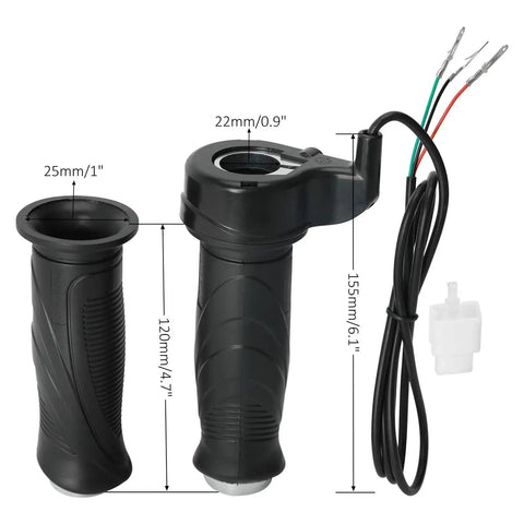 Black 22mm throttle grip with twist throttle and brake lever; part of 48V 600W DC gear motor kit, wiring harness.