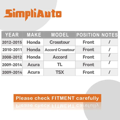 Fitment chart for Beefy 2 Piece Front Wheel Hub Bearing Assembly With ABS For Acura TL TSX Honda Accord Crosstour