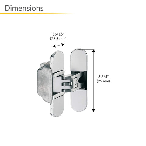 Side view of 3D Adjustable 95 Mm Door Hinge For Left Or Right Hand Doors In Satin Chrome Finish, zinc alloy, with dimensions.