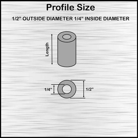Diagram of Aluminum Spacer Half OD Quarter Inch ID Standoff Fits Quarter Inch Or M6 Bolts with dimensions and profiles.
