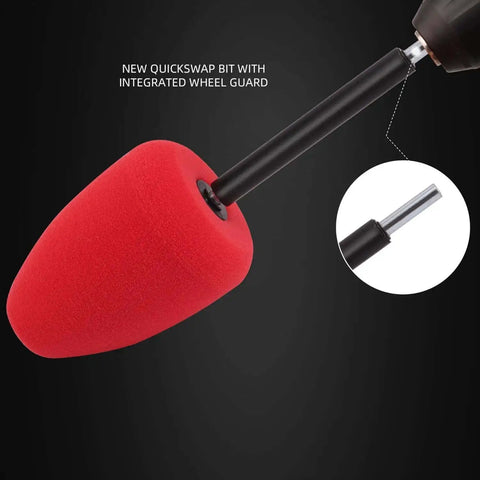 Close-up of Cylindrical Drill Polishing Tool with red foam sponge pad and quickswap bit, safe for chrome and uncoated surfaces.