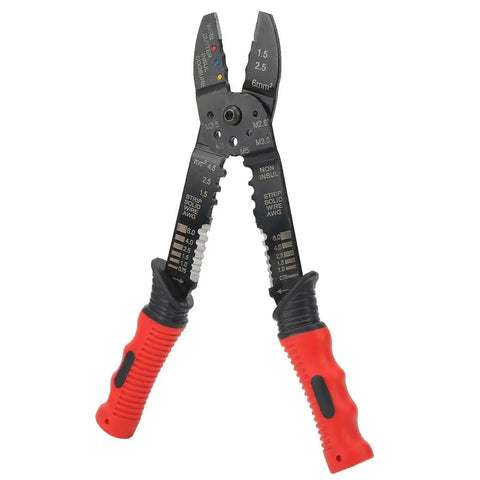 All-In-One Wire Crimping And Stripping Tool With Durable Carbon Steel Blades, red ergonomic handle, for insulated and non-insulated terminals