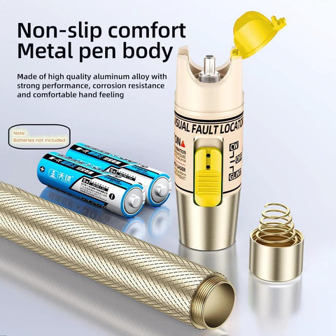 Visual Fault Locator VFL pen with gold metal body and yellow cap, blue batteries, braided fiber tube