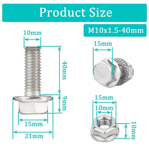 Product size diagram of 6Pcs M10x1.5 40mm Stainless Steel Flange Exhaust Bolts Nuts Kit For Securing Exhaust Manifold And Components