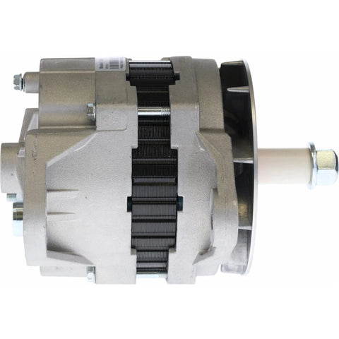 Side view of heavy-duty truck alternator, 12V 160A, for Volvo Kenworth Freightliner with Cat Cummins engines 1988-1996; OEM compatible.