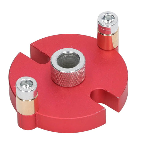 Red aluminum drill guide from Pro Grade Auto Centering Dowel Jig With Aluminum Drill Guide And Eight Drill Bushings.