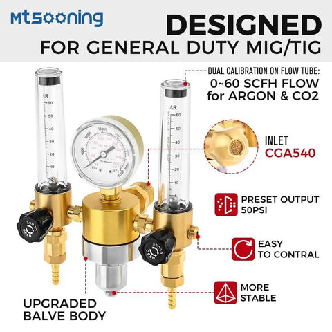 Dual Output Argon Regulator With Flow Meter For MIG TIG Welding 0-60 CFH, showing gauge, controls, and brass construction.
