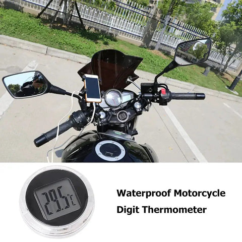 Stick On Waterproof Digital Thermometer For Motorcycles With 3M Adhesive displayed on motorcycle dashboard